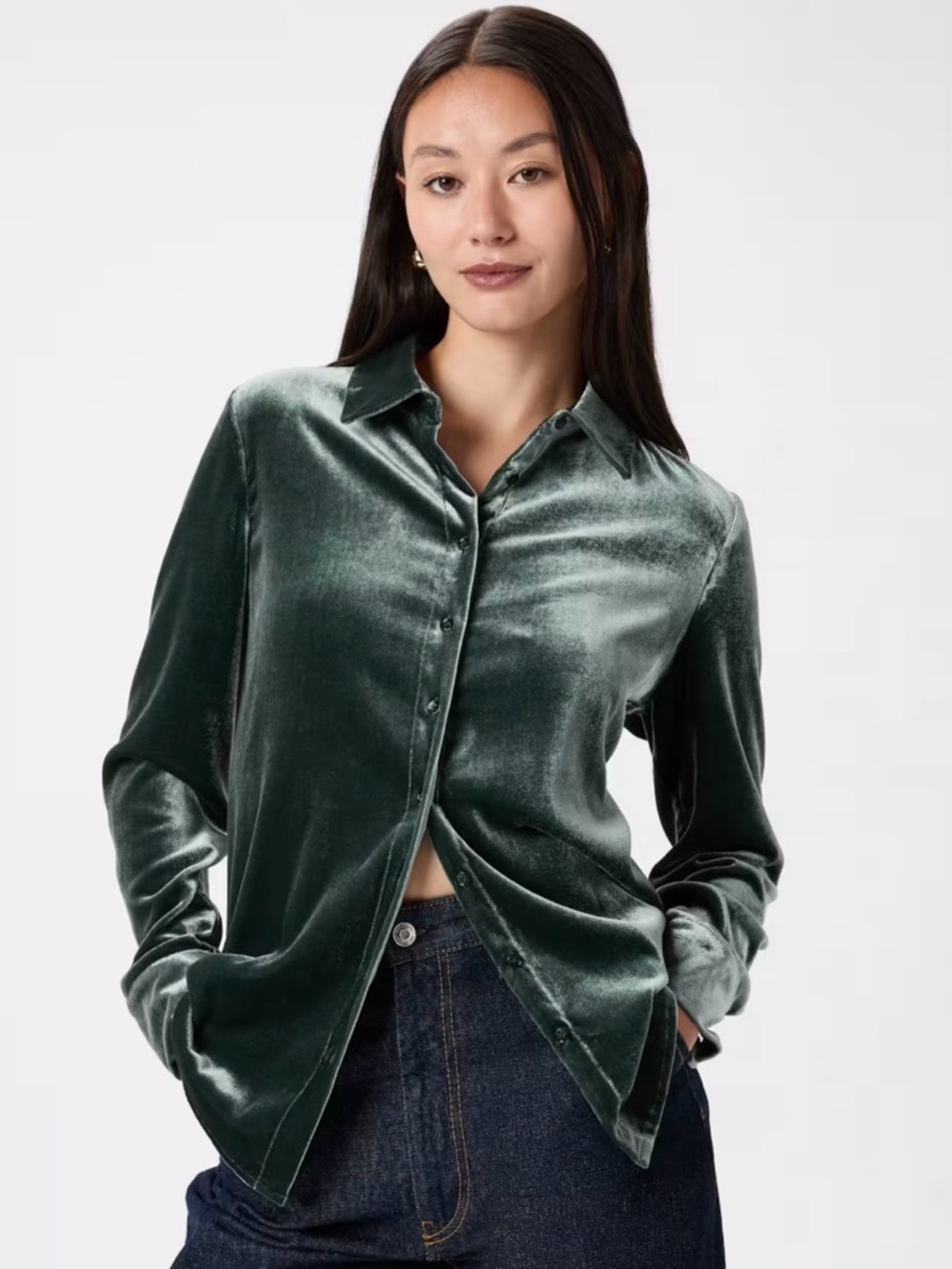 NWT!Quince Women Stretch Silk Velvet Long Sleeve Shirt Forest Green S